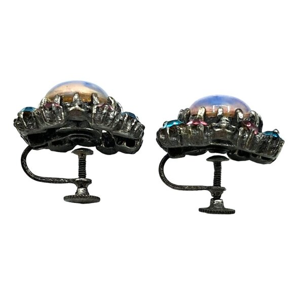 Vintage Coro EarrScrewback Rhinestone & Cabochon Earrings With Blue & Pink Stone - Picture 4 of 7